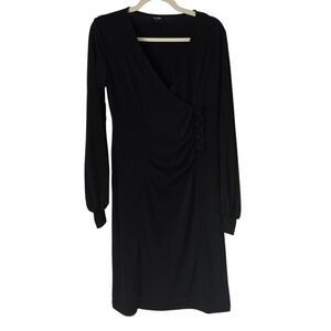 Olian Faux Wrap Dress Womens Small Black NWOT Ruched Beaded Long Sleeve V-Neck